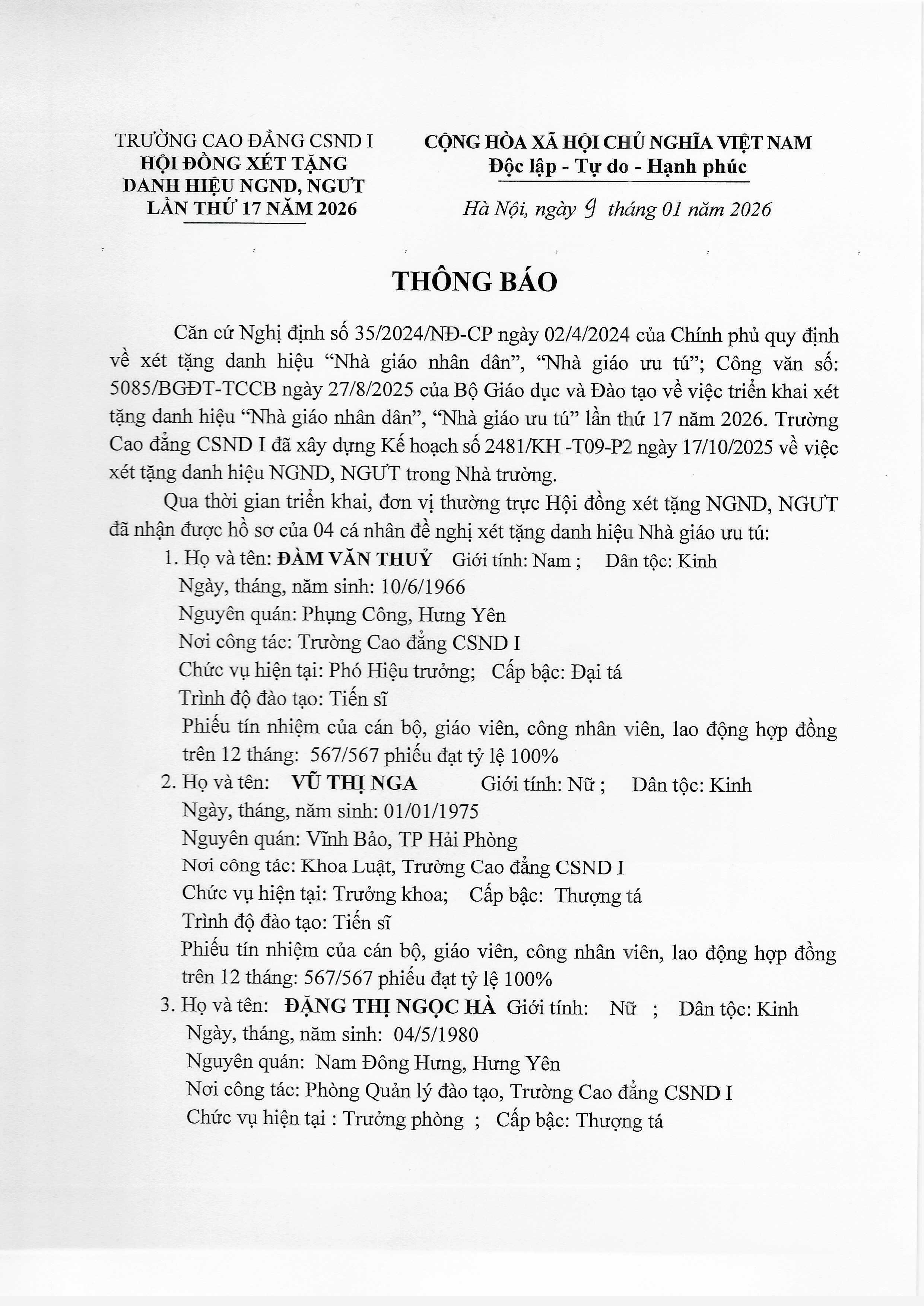 Thông báo xét tặng Danh hiệu NGND, NGƯT lần thứ 17 năm 2026